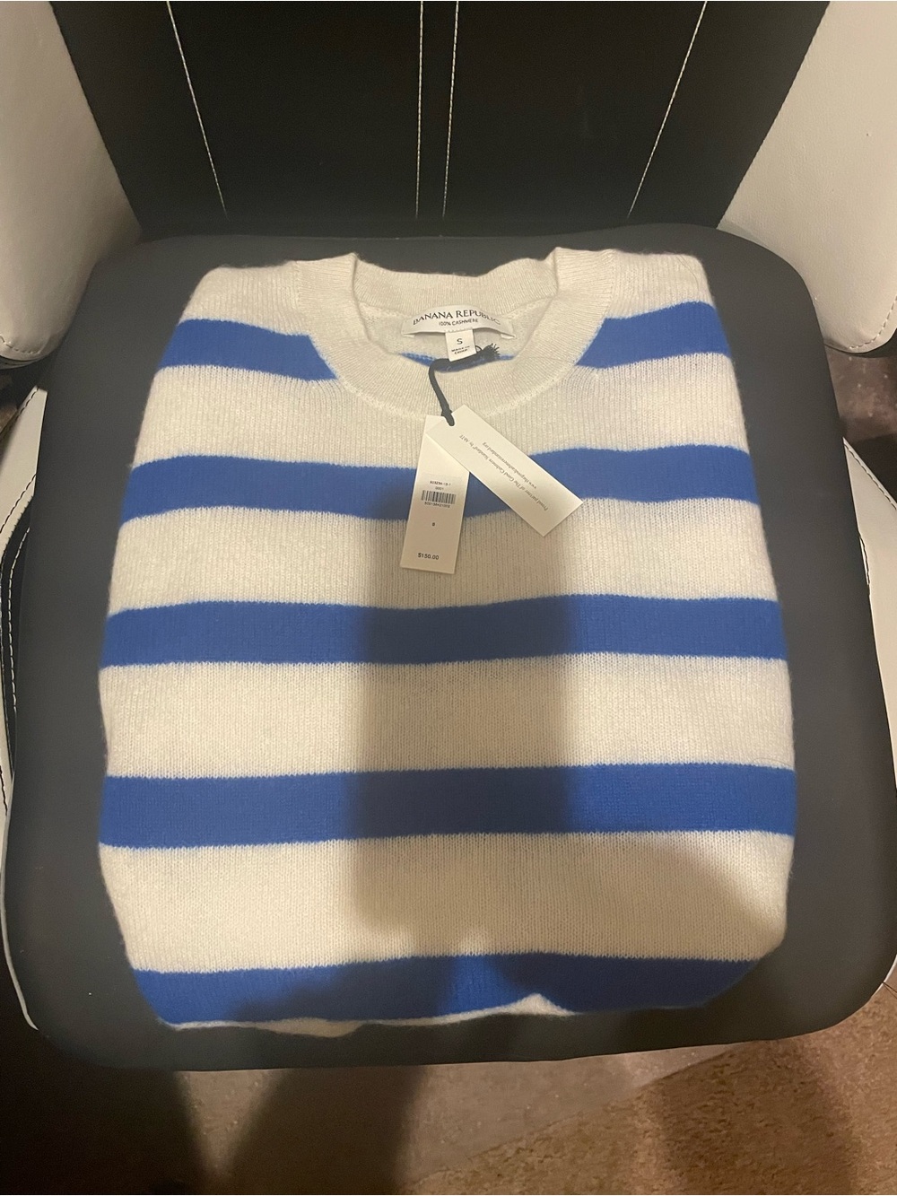 Cashmere White and Blue Striped Banana Republic Crewneck Sweater